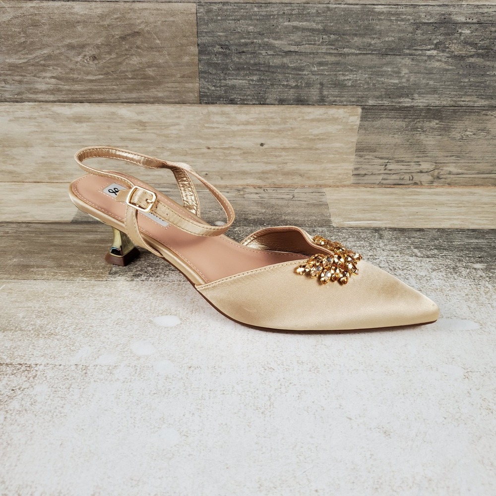 Lady Couture Classy Womens Slingback Pump Sz 8 Gold Satin Pointed Toe Rhinestone
